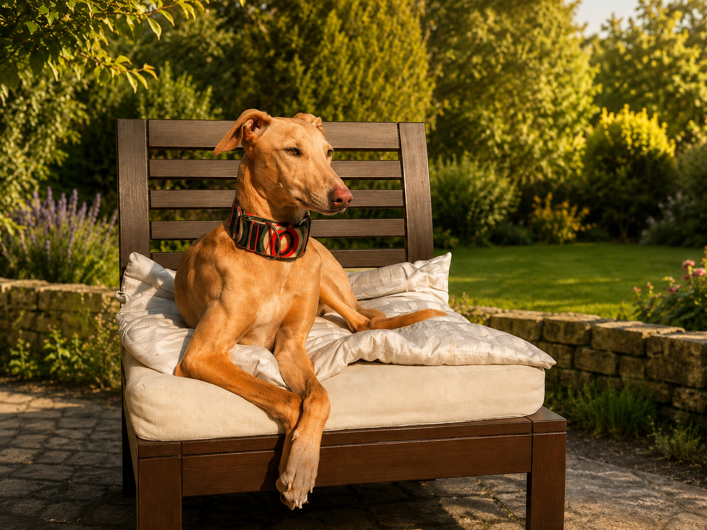 Neo, Galgo-Podenco, entspannt im Garten auf einer Holzbank